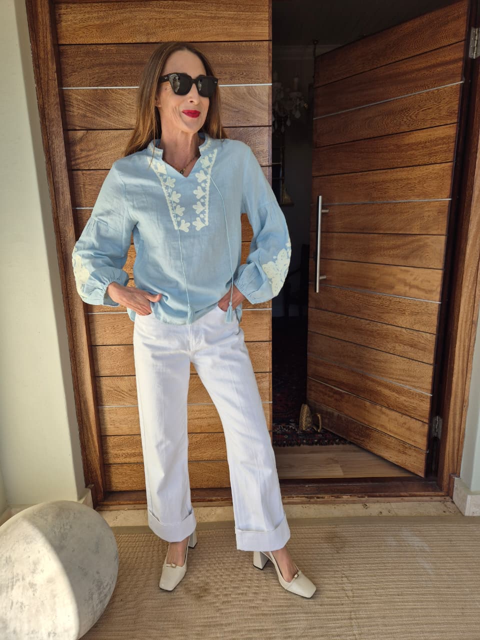 Ice Blue Blouse with Milk Embroidery