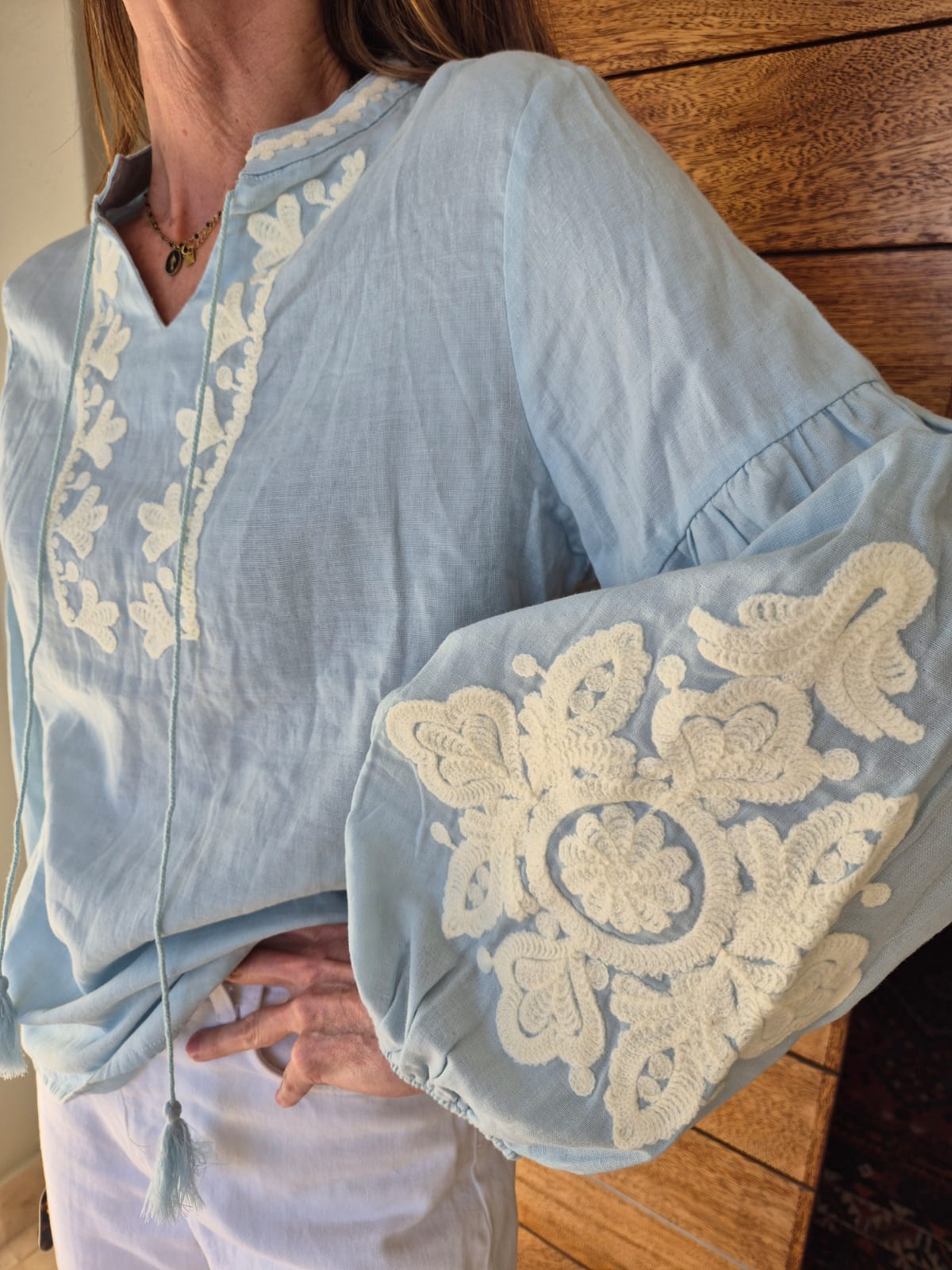 Ice Blue Blouse with Milk Embroidery
