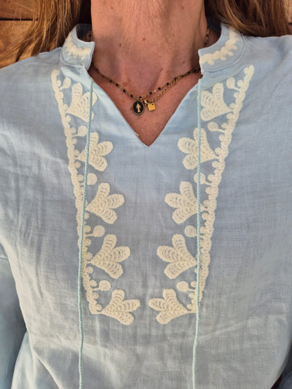 Ice Blue Blouse with Milk Embroidery