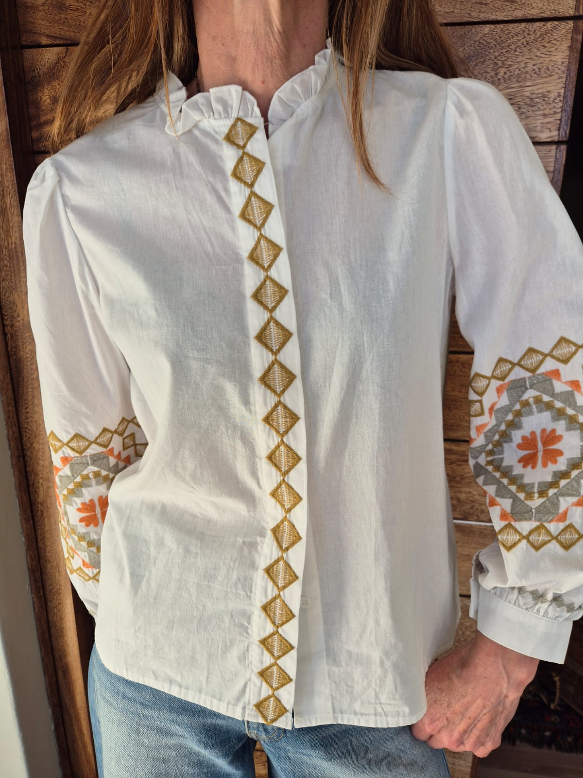 Milk Blouse with Intricate Embroidery on Front & Sleeve