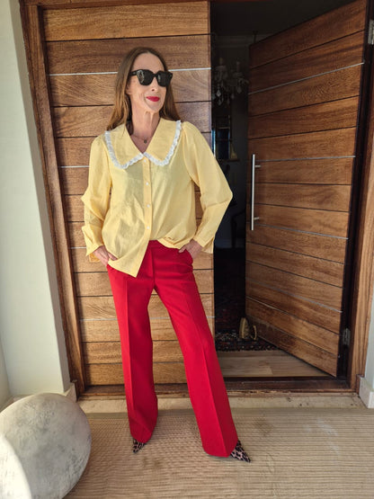 Butter Yellow Blouse with White Pinstripe Madeleine Collar with Anglaise Trim
