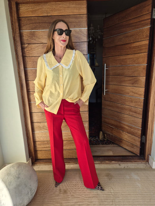 Butter Yellow Blouse with White Pinstripe Madeleine Collar with Anglaise Trim