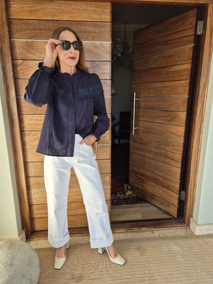 Navy Blouse with Lace & Frill detail on Front & Back