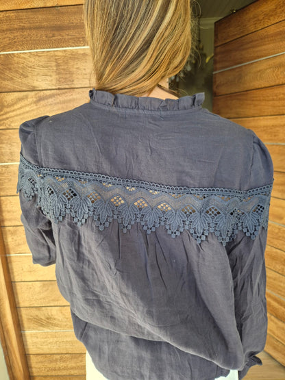 Navy Blouse with Lace & Frill detail on Front & Back