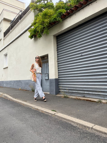 Pale blue & cream wide leg pant