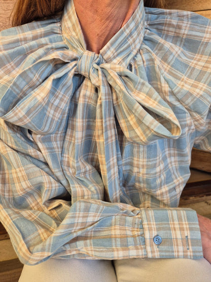 Blue & Stone Check Shirt with Pussybow detail.