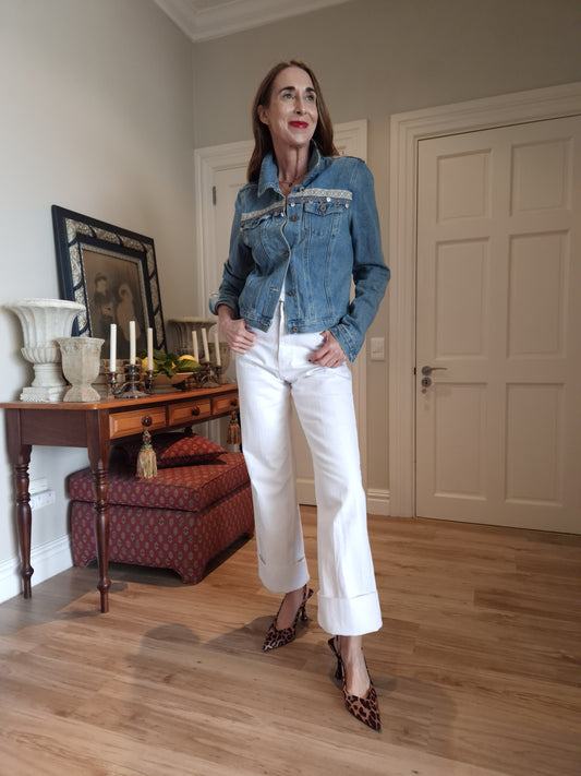 Denim jacket with ribbon, fringe and bling detail