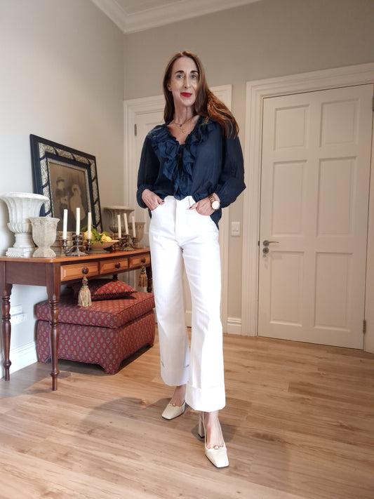Navy frill detail blouse with elasticated sleeve