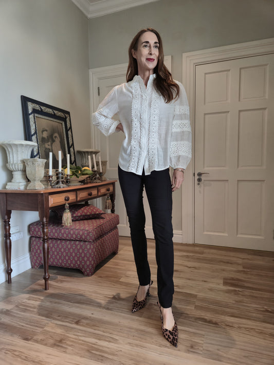 Button down blouse with lace detail and elasticated cuff