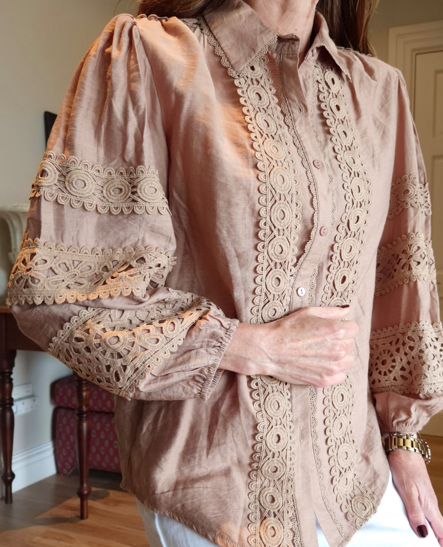 Button down blouse with lace detail and elasticated cuff
