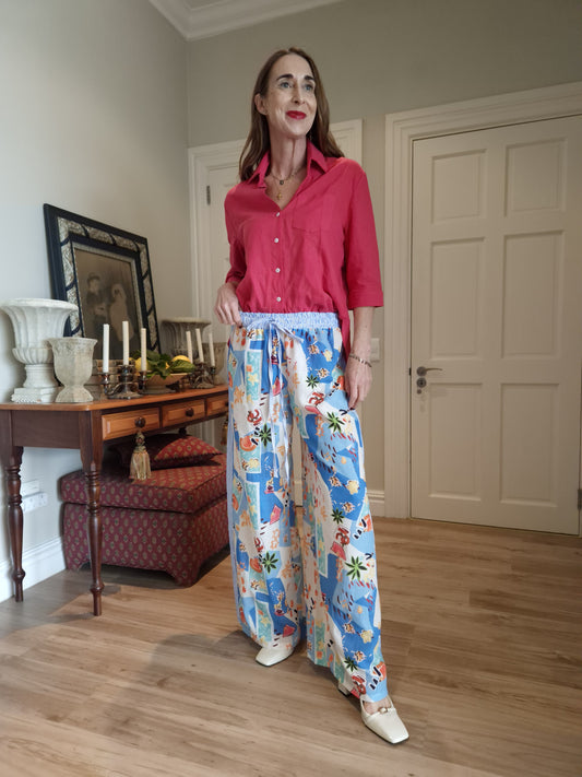 Wide leg printed pant with elasticated waist