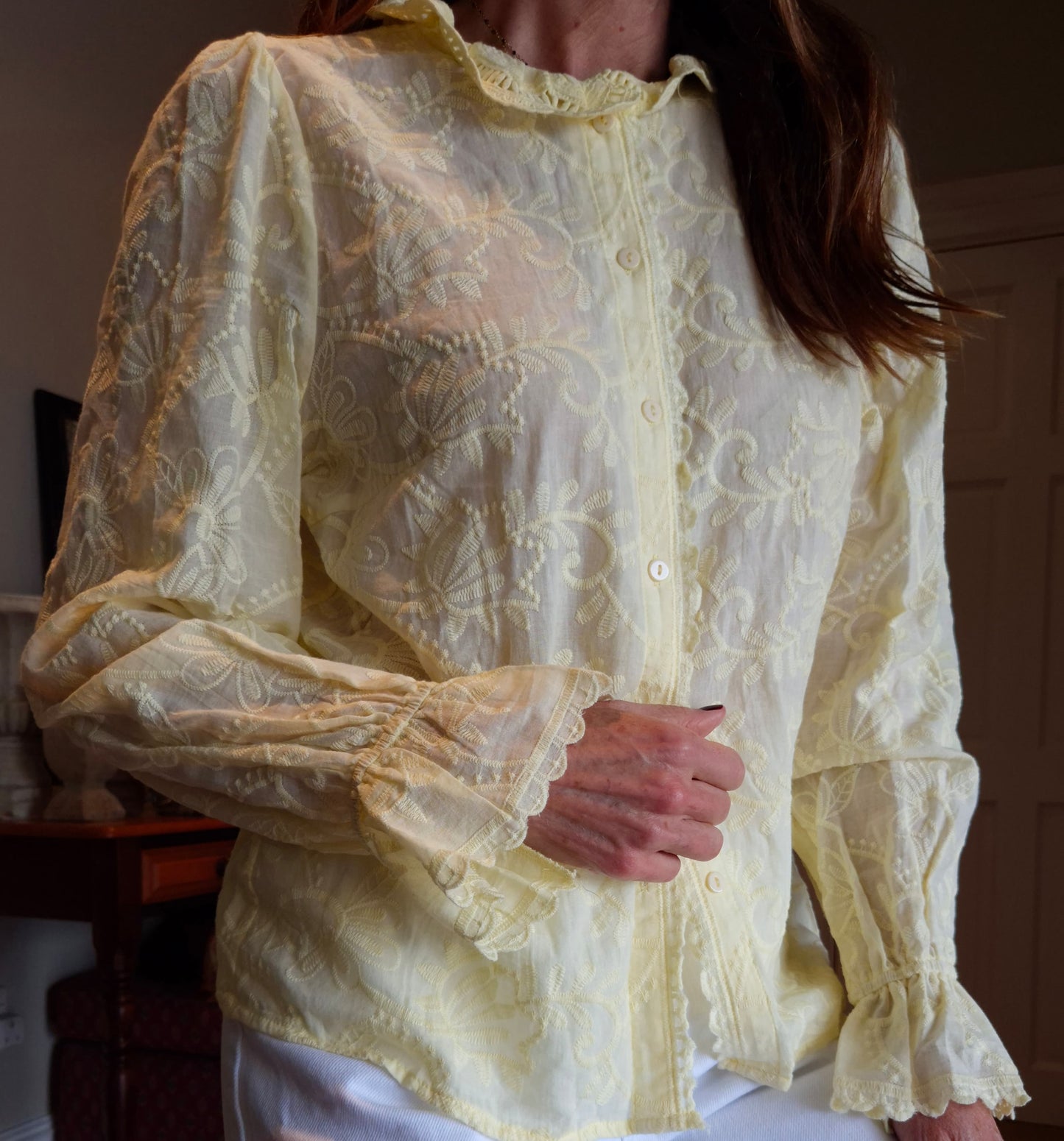 Cotton button down blouse with elasticated sleeve