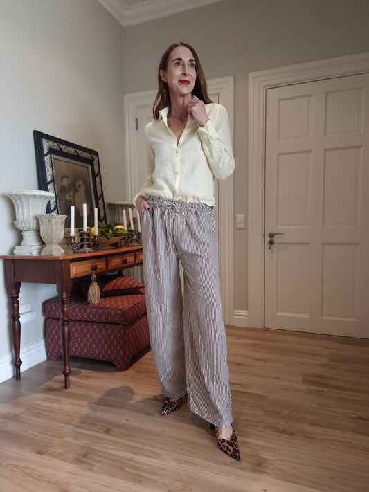 Chocolate brown striped pant with elasticated waist and side pockets