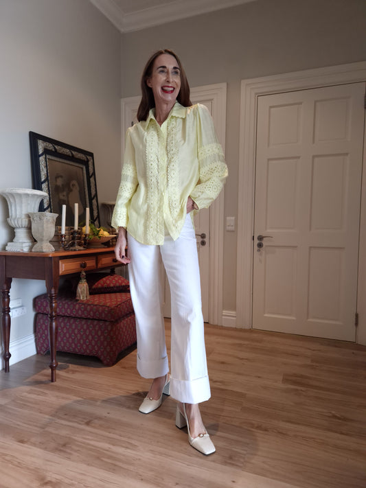 Button down blouse with lace detail and elasticated cuff
