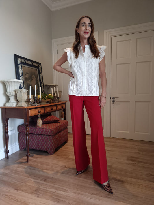 Cotton lace & embroidery detail sleeveless blouse