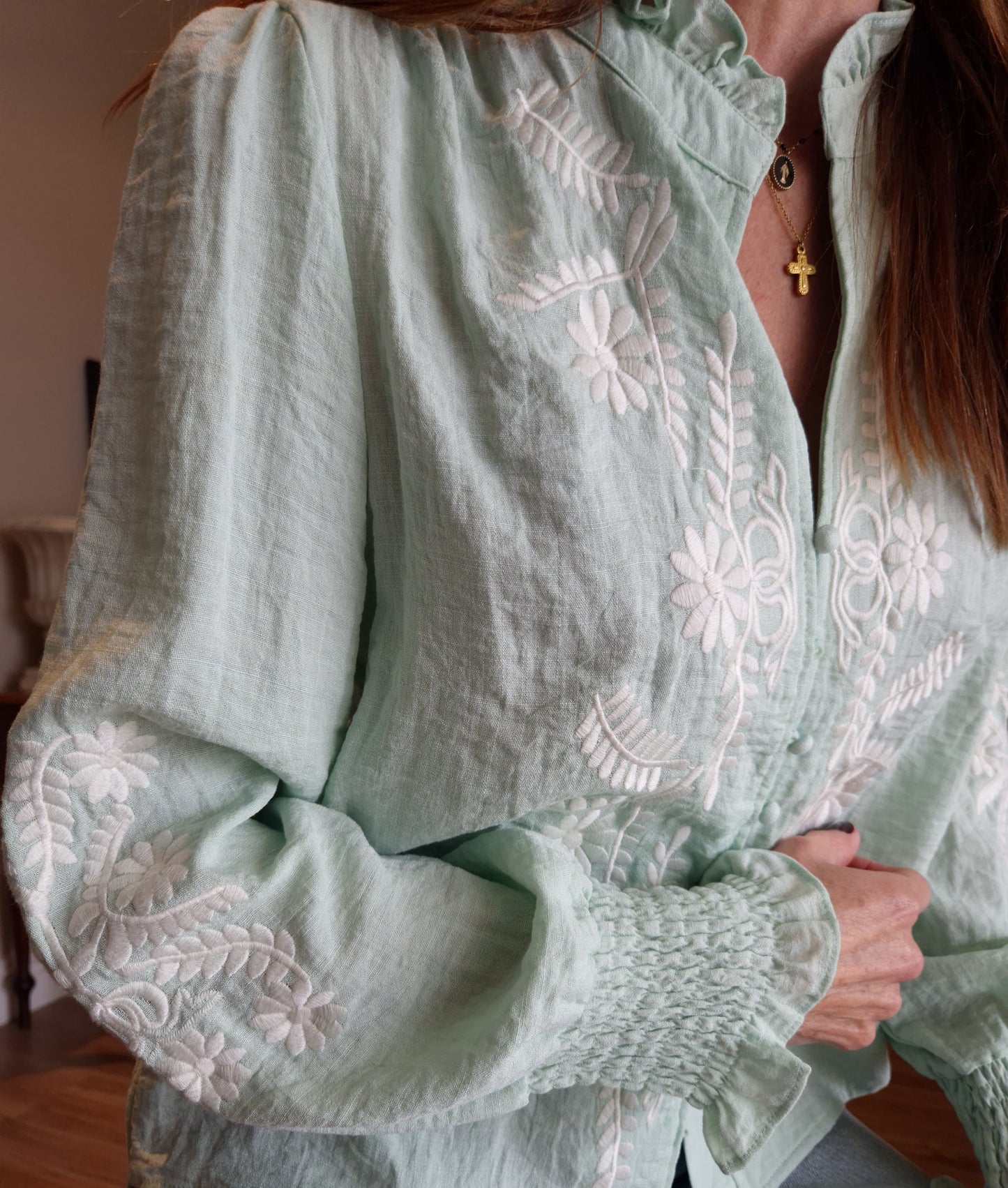 Embroidered blouse with elasticated cuff