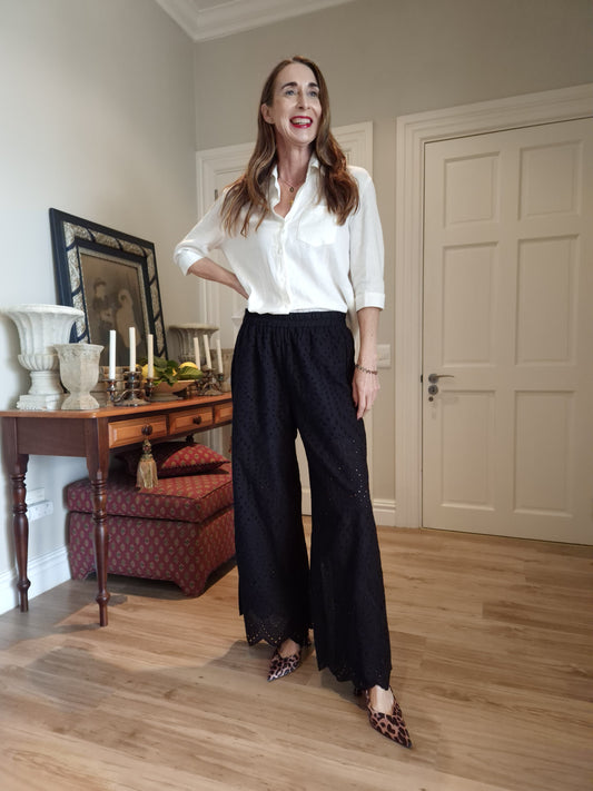 Black anglaise pant with elasticated waist